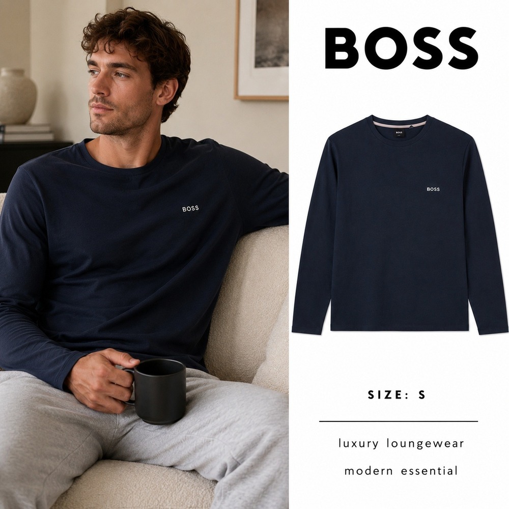 BOSS Long Sleeve Tee Mens Size S Navy Blue Mix & Match Crew Neck Loungewear Logo